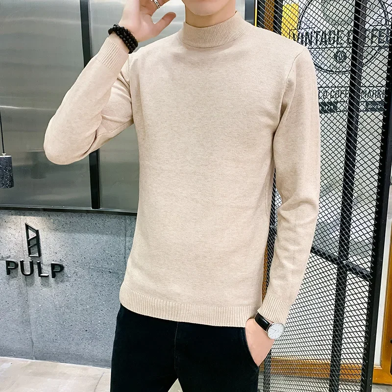Мужской зимний вязаный свитер с высоким воротником однотонный базовый