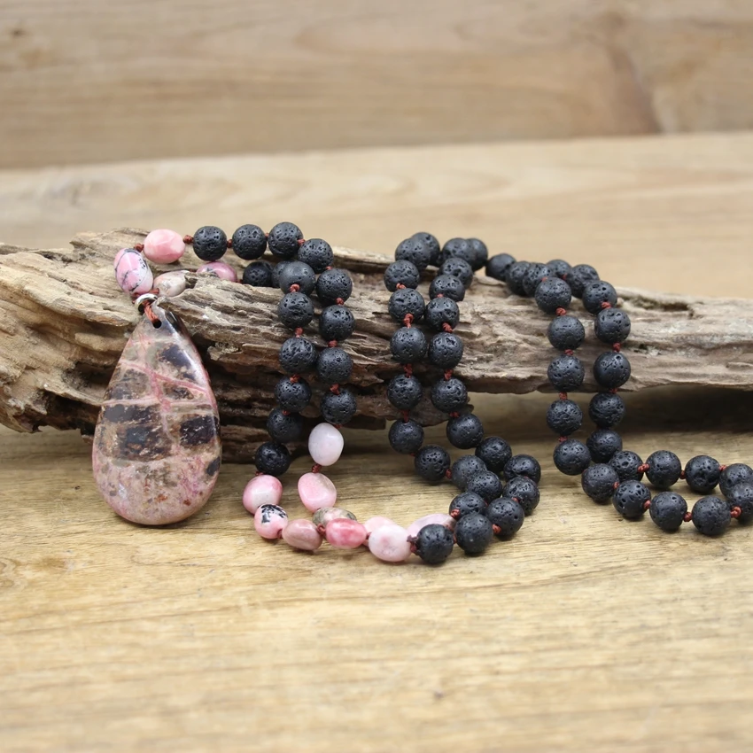 

Rhodonite Drop Pendants Knotted Necklaces,Natural Red Gems Stone Chip Mala Yoga Chain 8mm Black Lava Round Beaded Jewelry,QC0163
