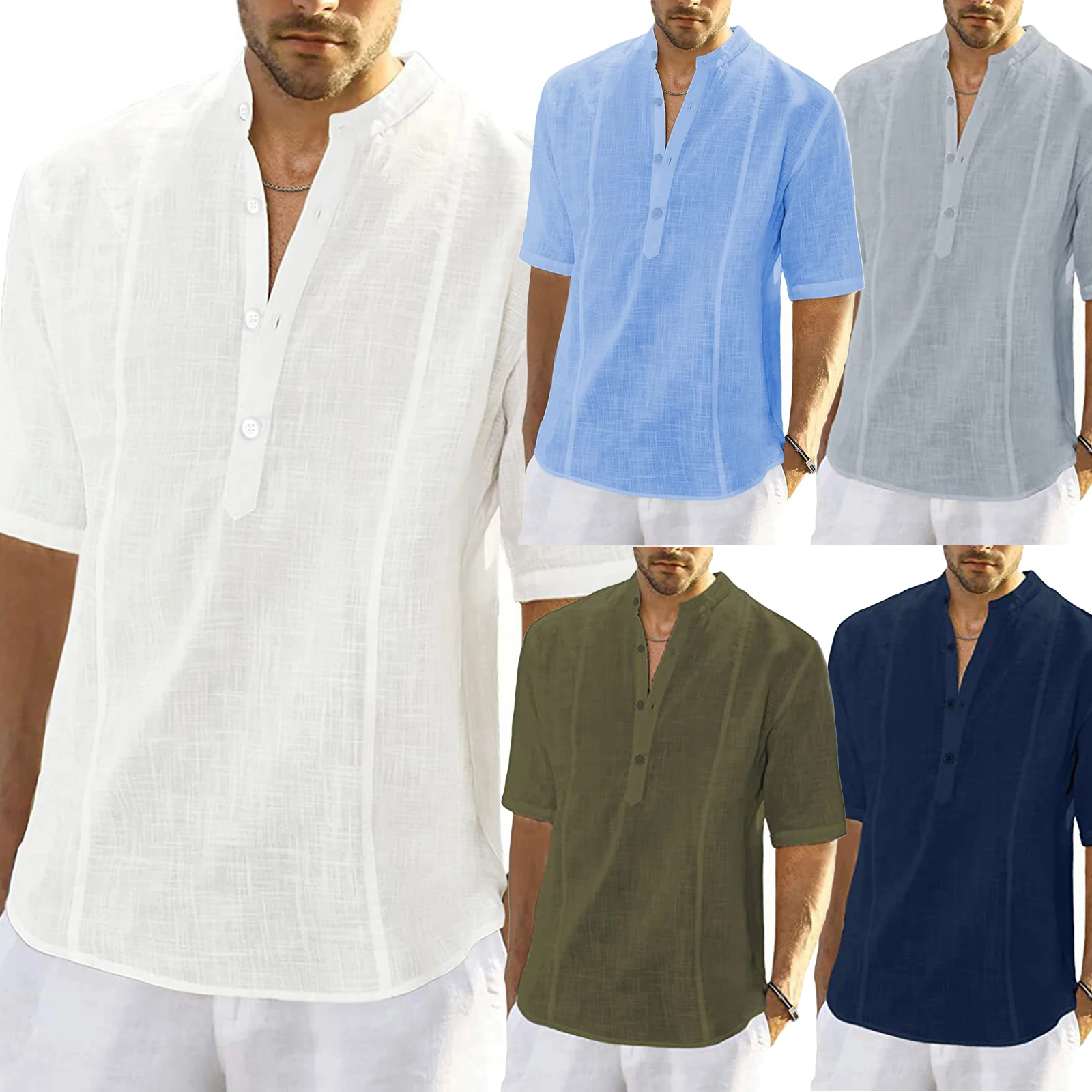 

Рубашка мужская с воротником-стойкой, Повседневная блуза с короткими рукавами, на пуговицах, свободного покроя, однотонная модная одежда, весна-лето