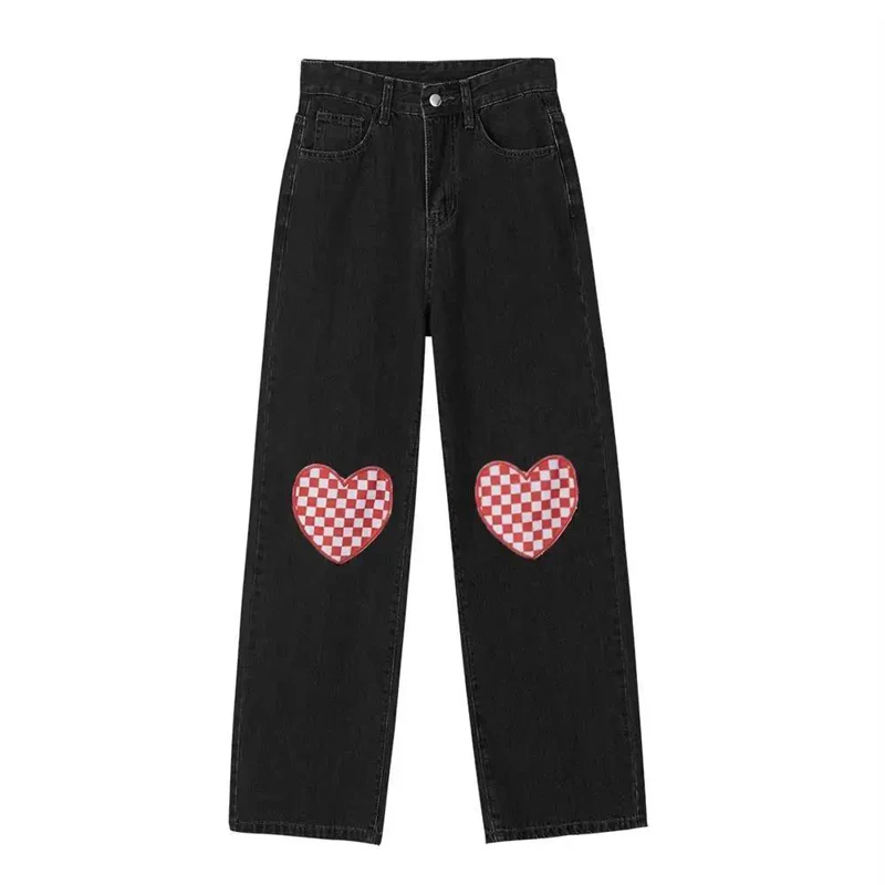 

Шахматные нашивки с надписью Love в стиле Харадзюку, вышитые джинсы, женская и Мужская Уличная одежда, винтажные прямые джинсовые брюки с поте...