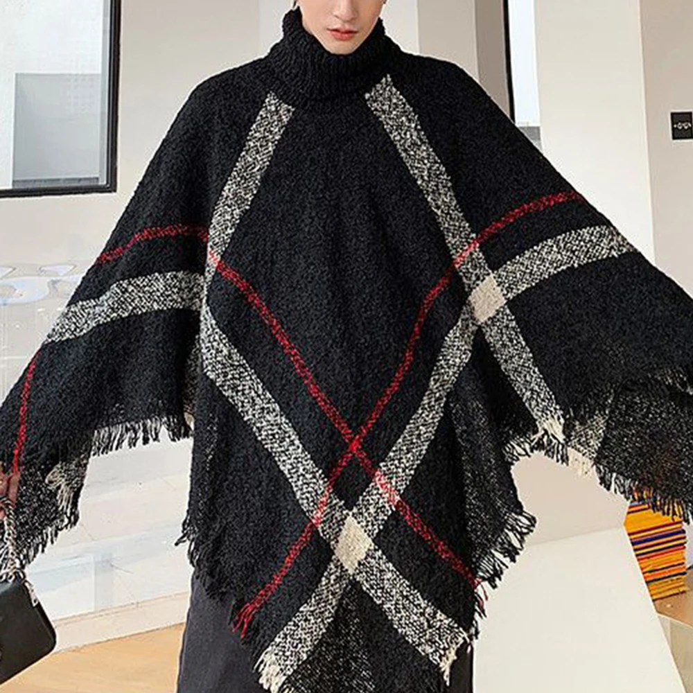 2023 Men's Spring Autumn Shawl Lady Knitted Wrap Plaid Pullover Cloak Loose Turtleneck Sweater Fall Winter Poncho Capes