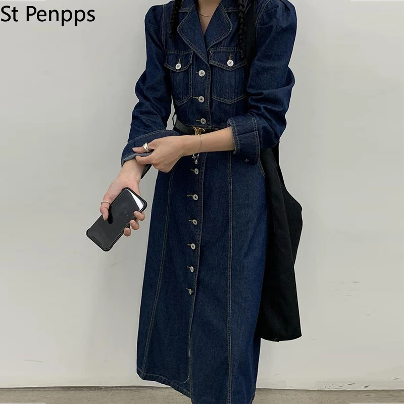 Винтажное Синее джинсовое платье для женщин весеннее длинное с отложным