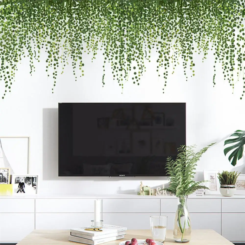 

1 шт., наклейки на стену с зелеными листьями для спальни, гостиной, настенные украшения из ПВХ, самоклеящиеся наклейки на стену с растениями, обои с растениями