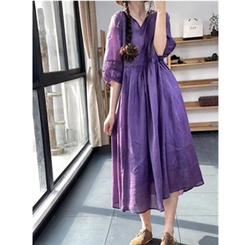 Женское длинное платье из хлопка и пеньки повседневное однотонное Макси