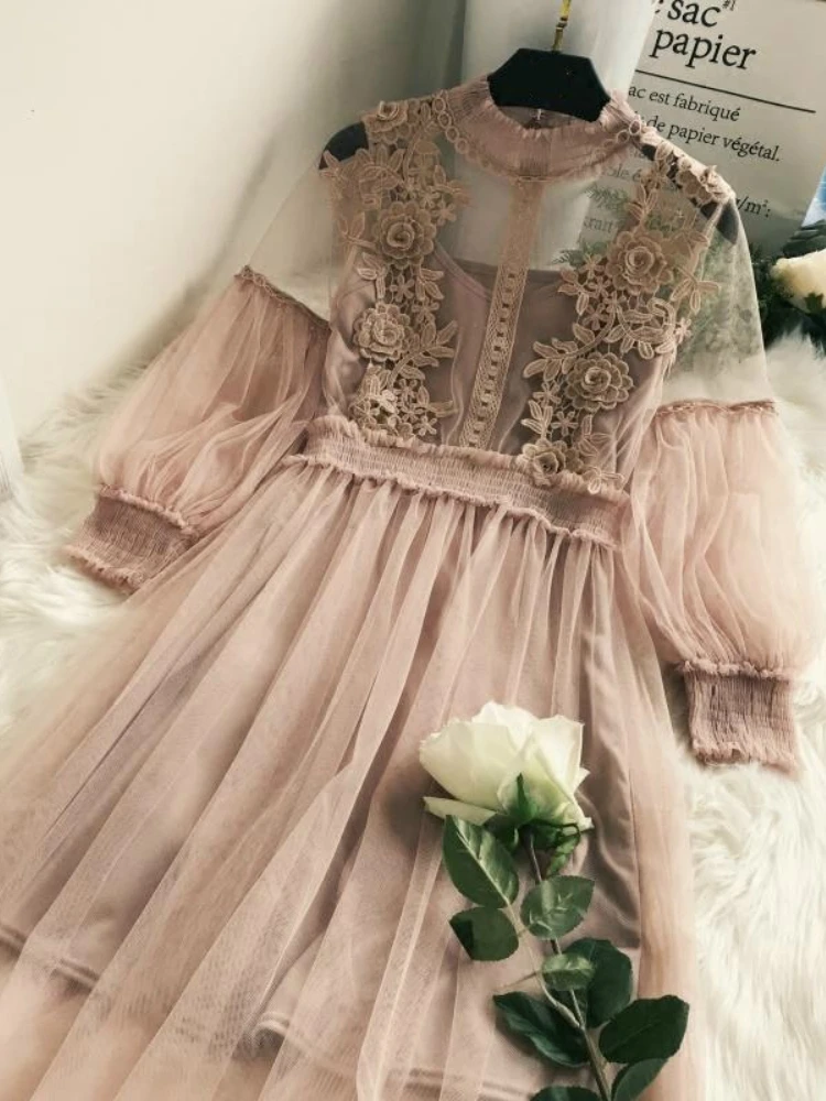 

New Women Lace Flower Dress Gauze Lantern Sleeve Voile Long Female Retro Hook Princess Dresses 2 Piece Set Vestido de Mujer