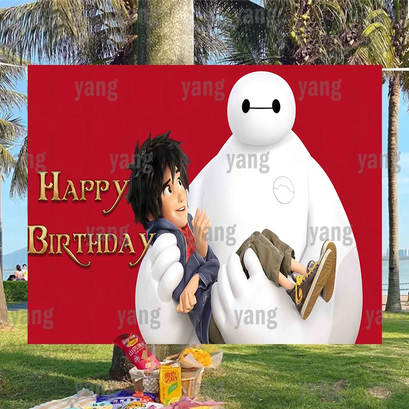 

Happy Birthday Party Backdrop Custom Cartoon Disney Brave Big Hero Baymax Hiro Hamada Decoration Cake Table Background