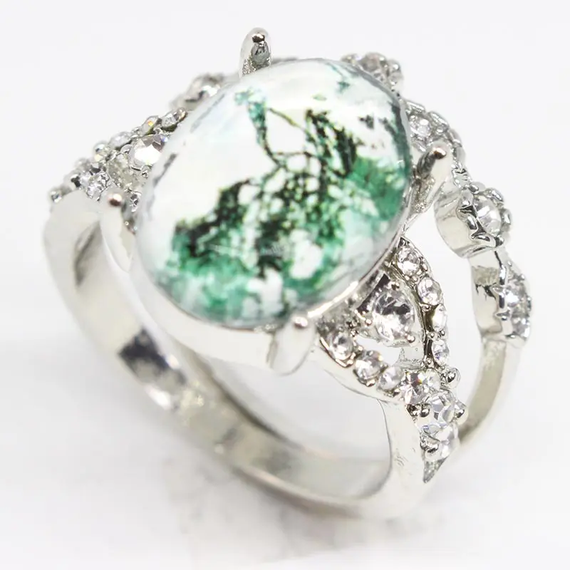 

2pcs Green Plant Oval Glass Rings Set for Women Clear Micro Pave Crystal Women's Promise Ring Wedding Jewelry Accessories Gifts