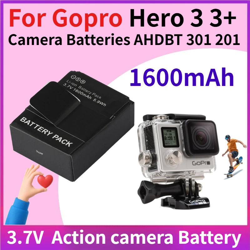Фото Аккумулятор для экшн-камеры 3.7V 1600mAh AHDBT-301/302 для GoPro Hero 3 3+, перезаряжаемые аккумуляторы AHDBT 301 201, аксессуары №1