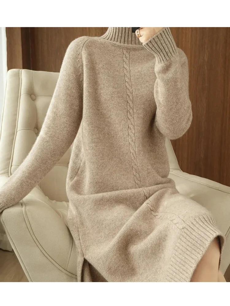 

Fitshinling Winter Sweater Dresses For Women Clothing Twist Vintage Midi Dress Female Knee Length Turtleneck Vestidos Femme New
