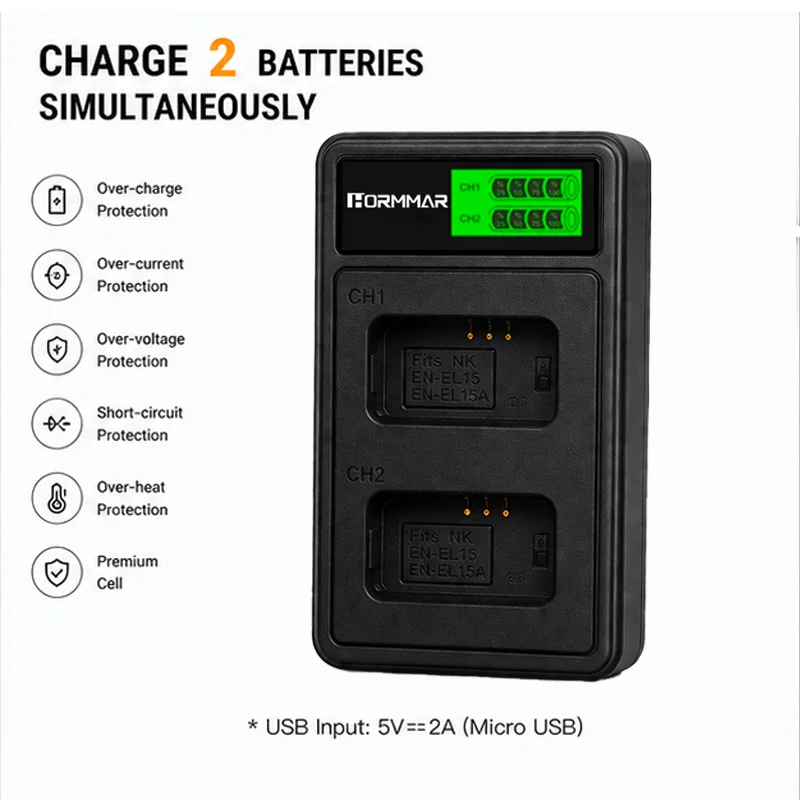 Фото Аккумулятор EN-EL15 2800 мАч + зарядное устройство с двумя USB-портами и ЖК-дисплеем для Nikon DSLR D600 D610 D800 D800E D810 D850 D7000 D7100 D7200 L50 №5