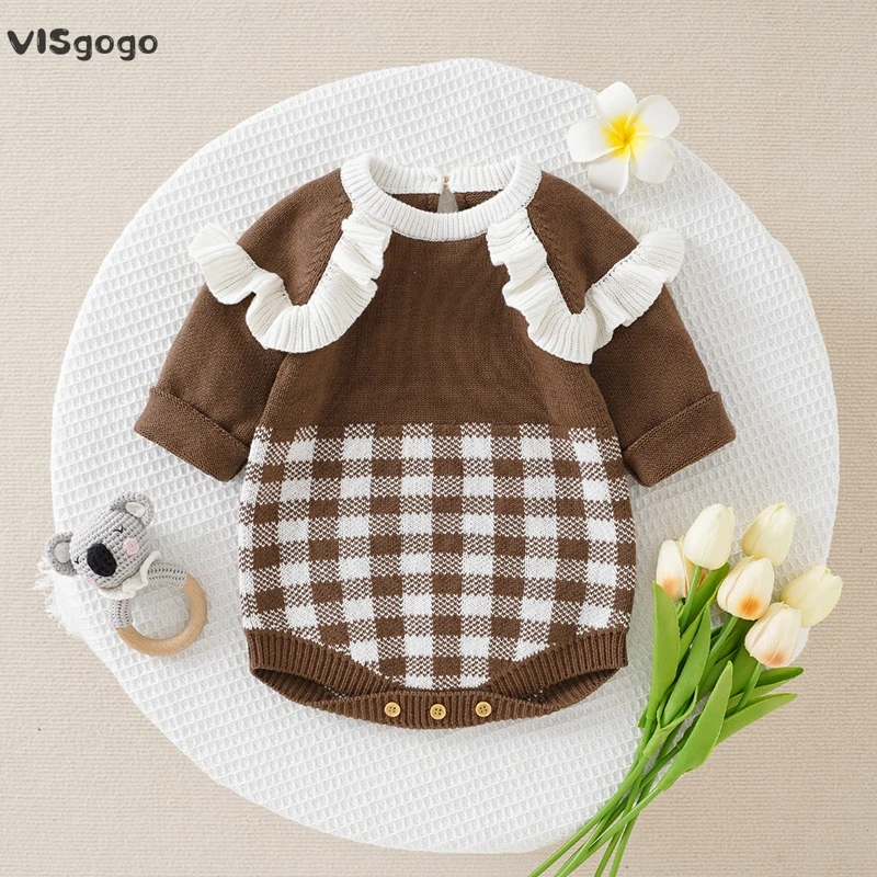

VISgogo Baby Knitted Romper Long Sleeve Crew Neck Plaid Print Frill Trim Jumpsuit Infant Boys Girls Fall Winter Clothes