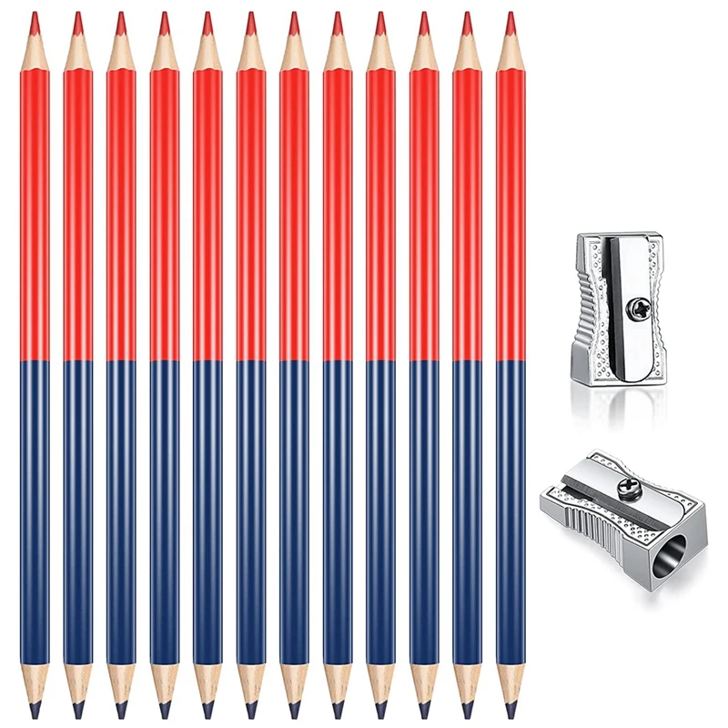 

12Pcs 4B Checking Pencils Red And Blue Erasable Pencils Pre-Sharpened With 2 Sharpener, For Map Coloring Tests Grading