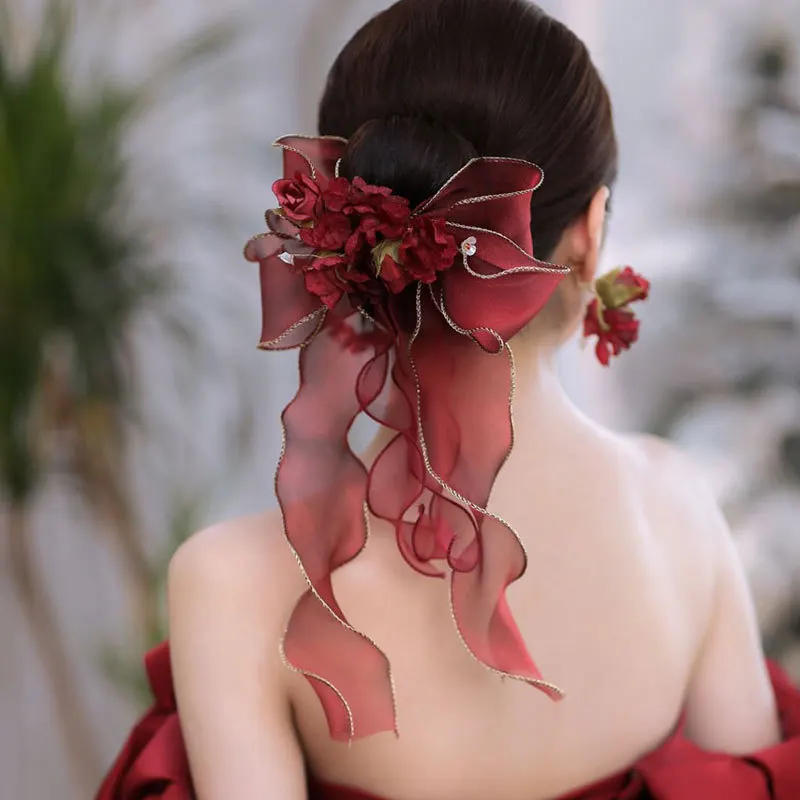 

Bride's Red Silk Yarn Flower Clip Hair decoration Butterfly Wedding accessories Diademas Para El Pelo Mujer