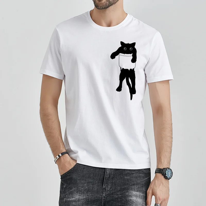 

Men T-Shirts Pocket Cat Print Hipster 2020 New Summer Oversized T shirt Funny Graphic Tee Shirts White Tops Man Tshirt Clothing