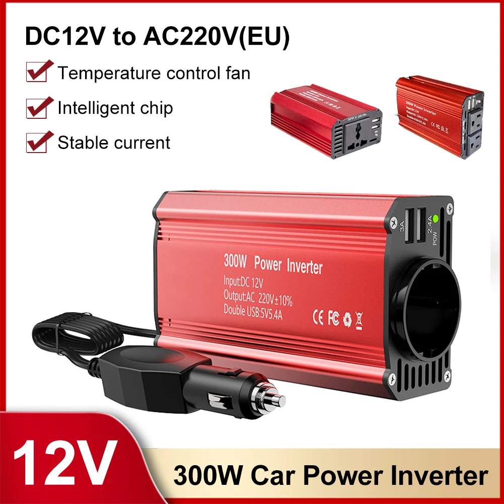 

300W Car Power Inverter DC12V To AC 110V/220V Power Conversion Adapter Dual USB 3A Fast Charging Modified Sine Wave With Fan