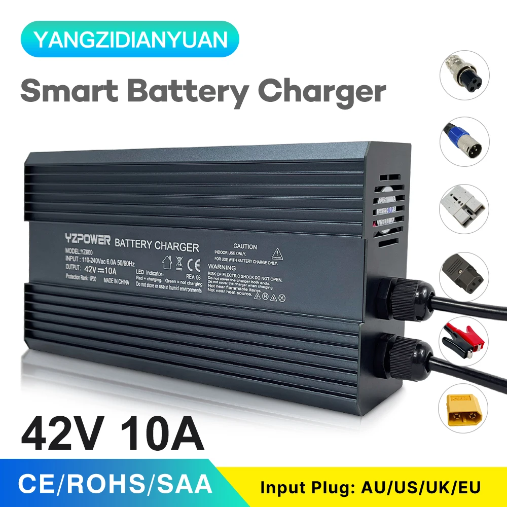 Зарядное устройство для литиевого аккумулятора с выходной вилкой, для электрического велосипеда, с безопасной быстрой зарядкой и охлаждающими вентиляторами, 42 в, 10 А, 36 В