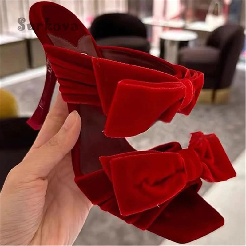 Velvet Butterfly-Knot Sandals Sweet Open Toe Red Black High Heels Pumps Elegant Stilettos Wedding Shoes Casual Dress Slippers