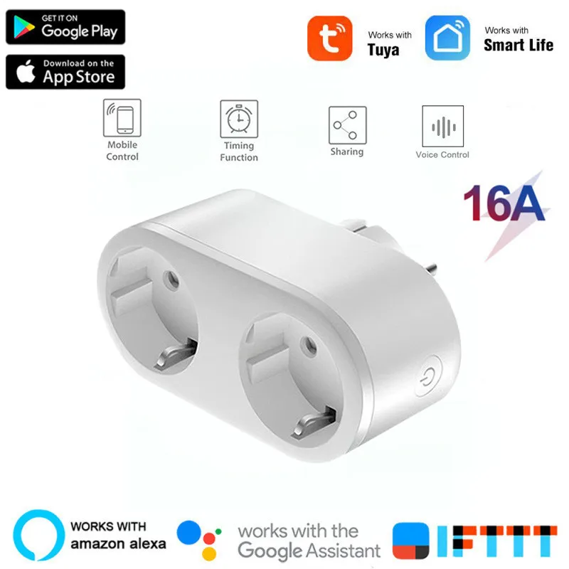 

Tuya WiFi Smart 2 in 1 Socket 16A EU Plug Smart Life APP Voice Control Works Alexa Google Assistant 2.4GHz 1T1R For Smart Home