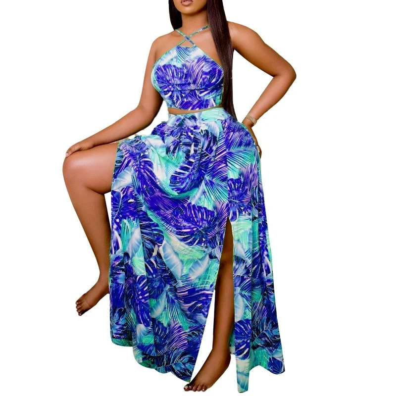 

Summer African Women Sleeveless Printing Polyester Two Pieces Sets Top and Long Skirts African Suit S-3XL African Clothes Women