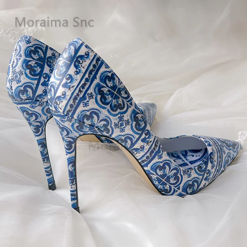 Blue and White Porcelain Printed High Heels Women Pupms Pointed Toe Stiletto Single Shoes Banquet Temperament Women's Shoes