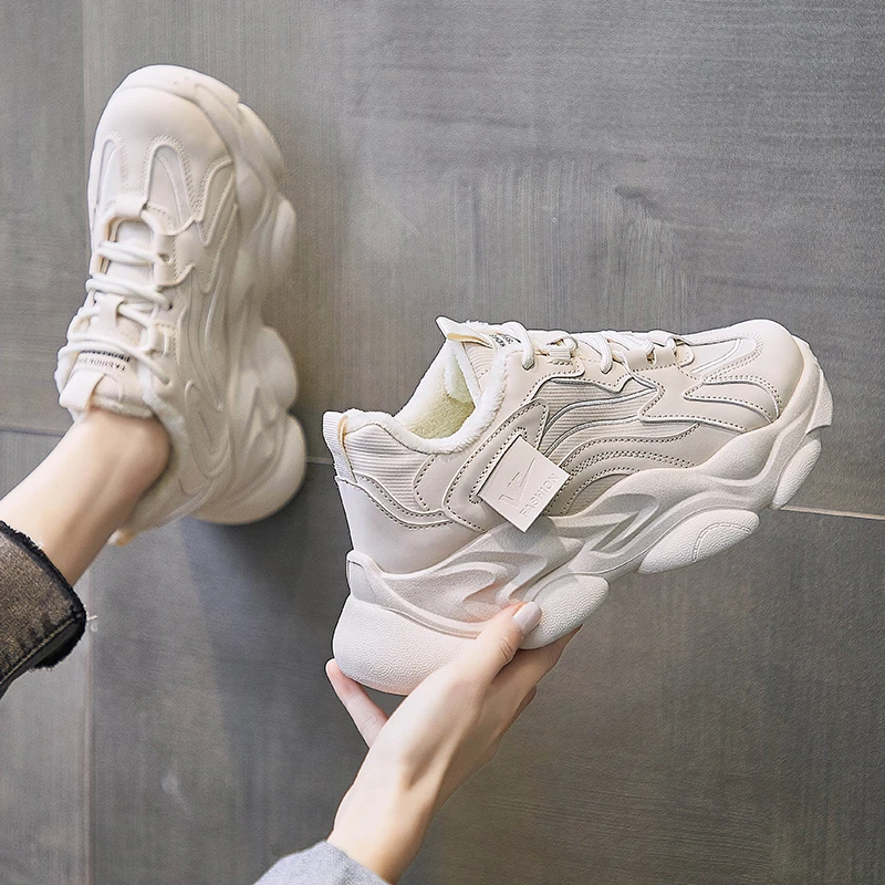 

2023 Black Platform Sneakers Women's Shoes Casual Lace-up Platform Shoes Women Beige Sneakers Leather Vulcanized Shoes