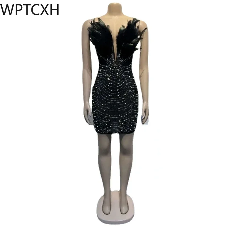 

Women Diamonds Hot Rhinestones Feather Mesh Strapless Plunging V-neck Bodycon Midi Dress 2024 Sexy Party Evening Dresses