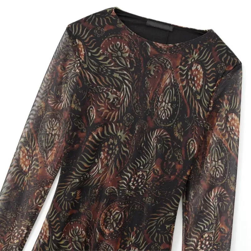 TRAF Осеннее женское длинное платье из шелковой сетки с принтом для модного платья