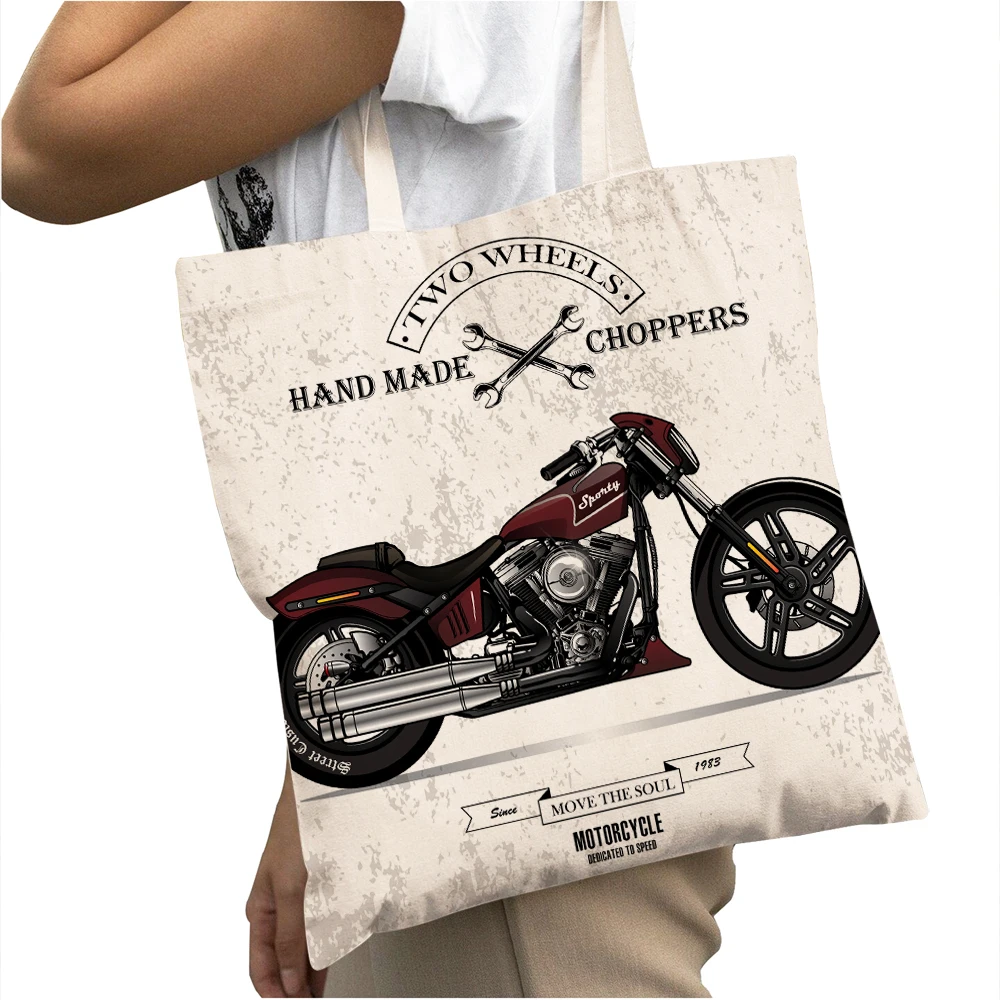 

Винтажная мотоциклетная сумка-шоппер с черепом, холщовая Женская Студенческая сумка-тоут, повседневные Мультяшные вместительные сумки для...