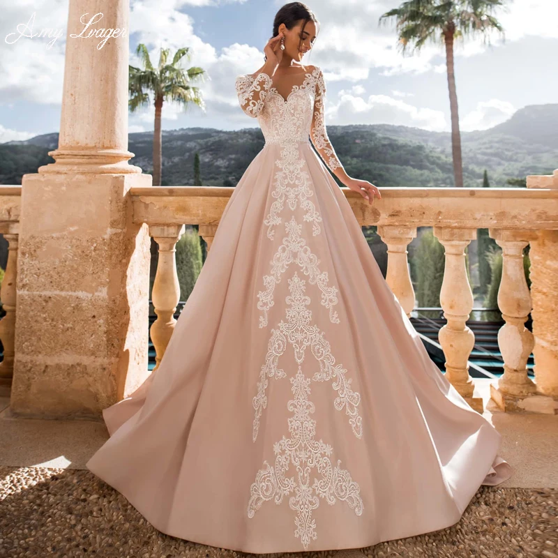 

AmyLvager Изысканная аппликация с длинным рукавом матовое атласное свадебное платье-трапеция 2023 классическое свадебное платье принцессы с глубоким вырезом и открытой спиной