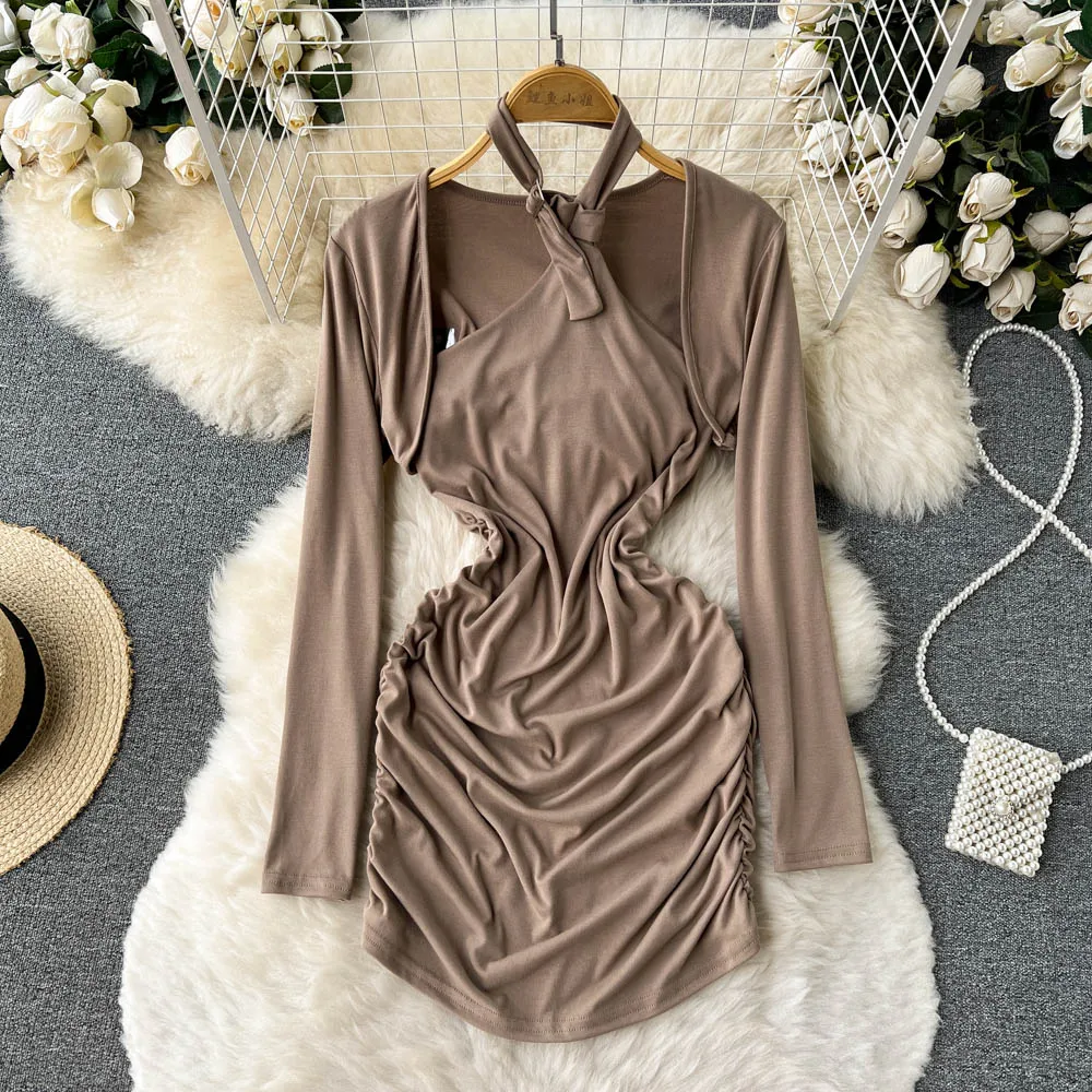 

2022 Fashionable Stylish Two-Piece Suit, Autumn Fitted Waist Pleated Halter Dress Long Sleeve Cardigan Jacket