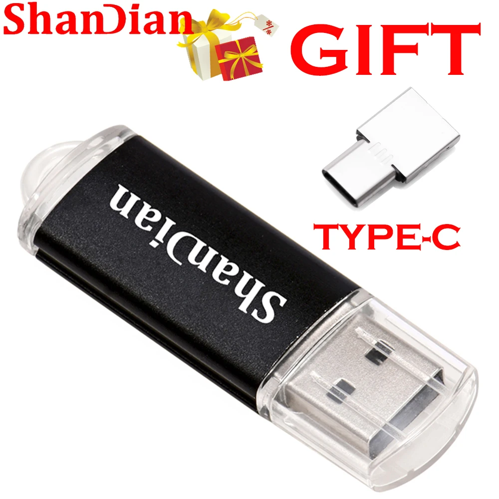 

SHANDIAN with TYPE-C adapters Pen drive Mini Metal Black USB Flash Drive Free custom logo Memory stick 32GB Business gift U disk