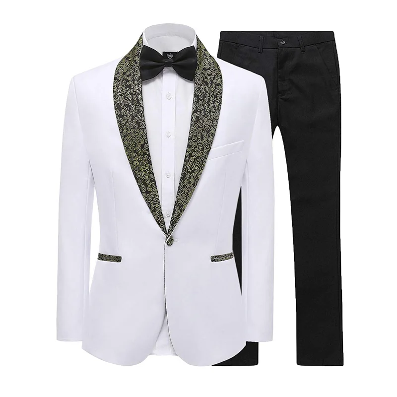 Men's Suit Wedding Tuxedo Gold Collar Formal Blazer Pants White Dress Party Jacket 2 Piece Male Groom Clothes