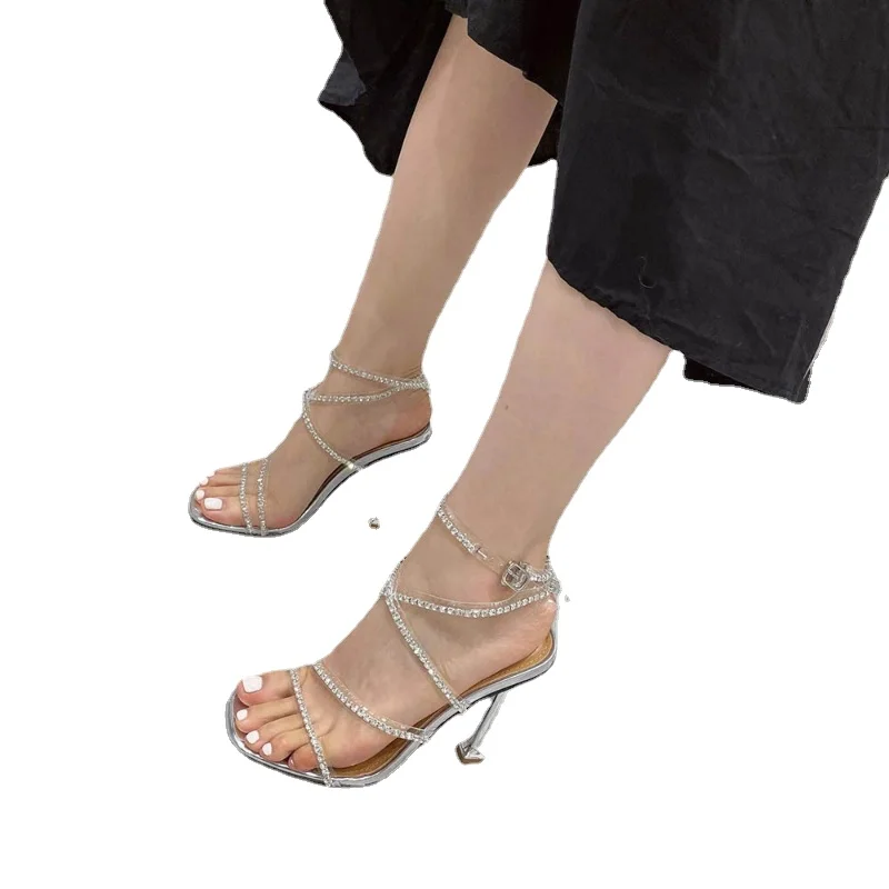 

Crystal Band Sandals Summer 2022 New Style Square Head Sexy Thin Heel Strap