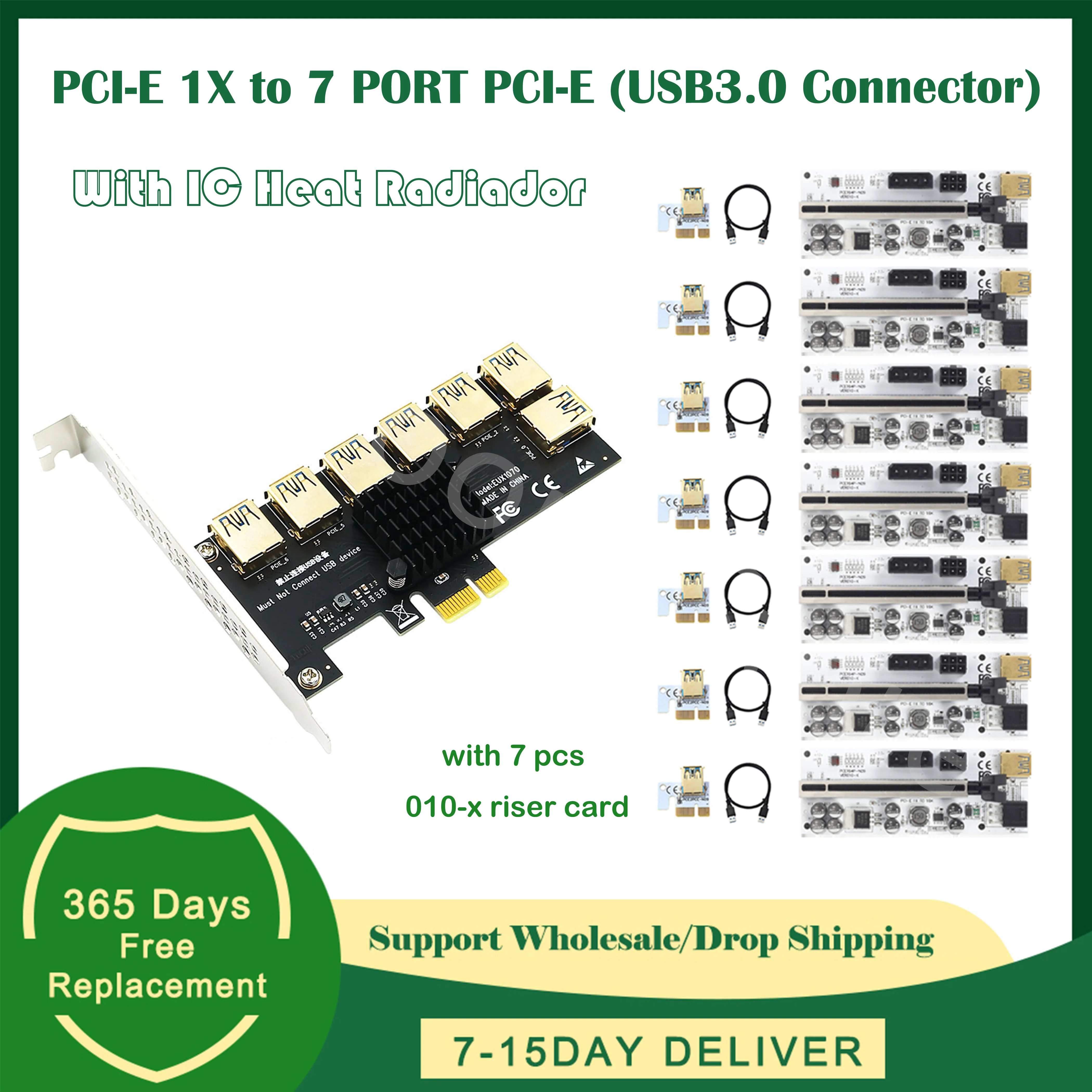 

7pcs PCI-E PCI Express Ver010-X Riser Card PCIE 1 to 7 USB 3.0 Slot Multiplier Hub Adapter For Bitcoin Mining Miner BTC Devices