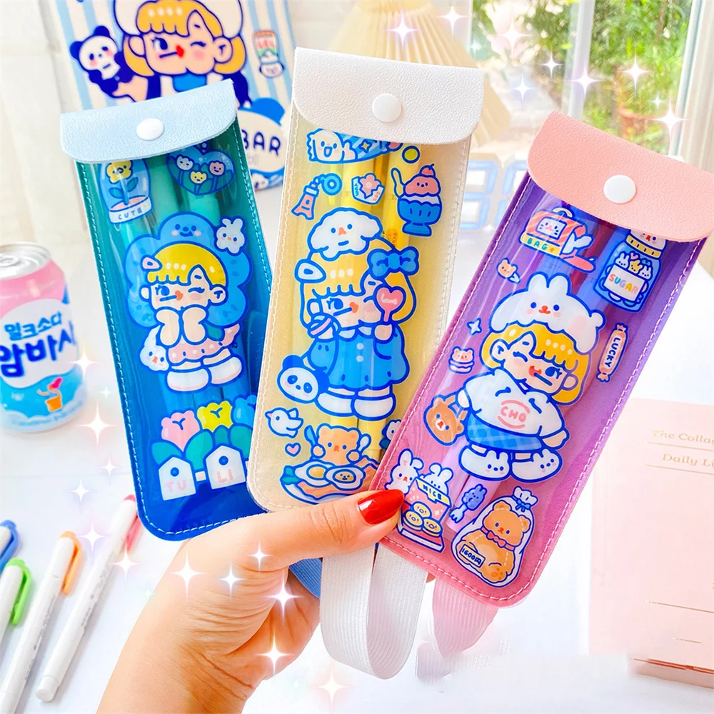 

1pc Cartoon Pencil Bag Kawaii Elastic Band PVC and PU Pencil Case Portable Stationery Holder Storage Pouch School Supplies