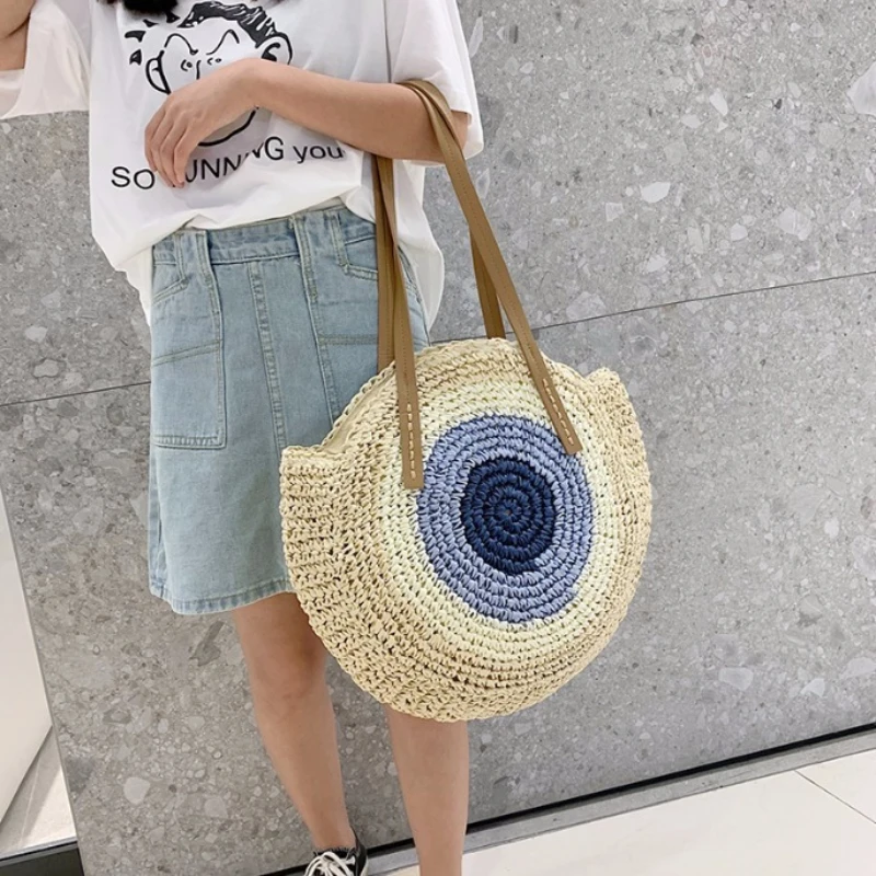 Простая круглая соломенная сумка на одно плечо Ins милый пляжный саквояж ручной