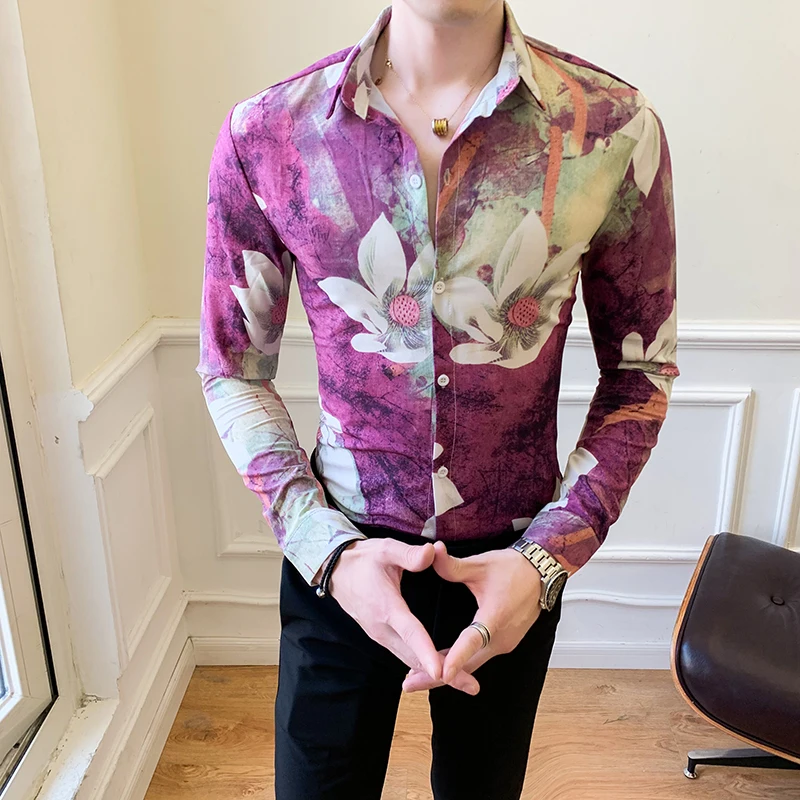 2022 Spring Men Shirts Floral Print Long Sleeve Casual Shirt Streetwear Slim Fit Floral Dress Shirt Men Clothes Camisa Masculina