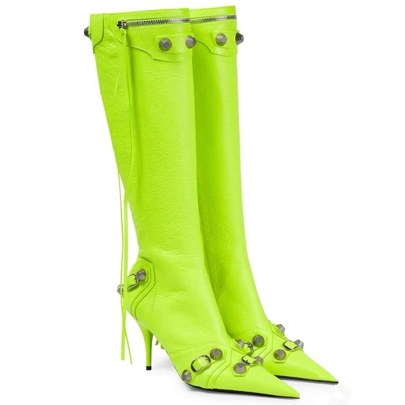 Sexy Veined Metal Cone Rivets Studs Knee Boots Woman Long Tassel Pointed Toe Fluorescent Leather Runway Boots Woman Knight Boots
