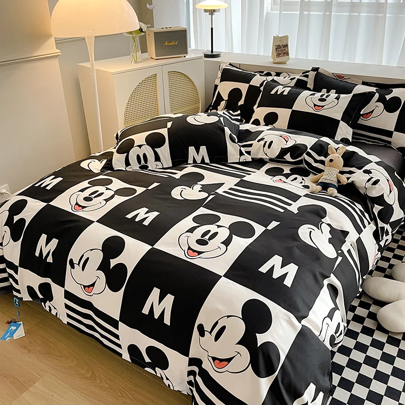 

Модный комплект постельного белья в черно-белую клетку с изображением Микки Мауса, пододеяльник и Простыня из мультфильма Диснея, наволочка, одинарная, двойная, Королевский размер