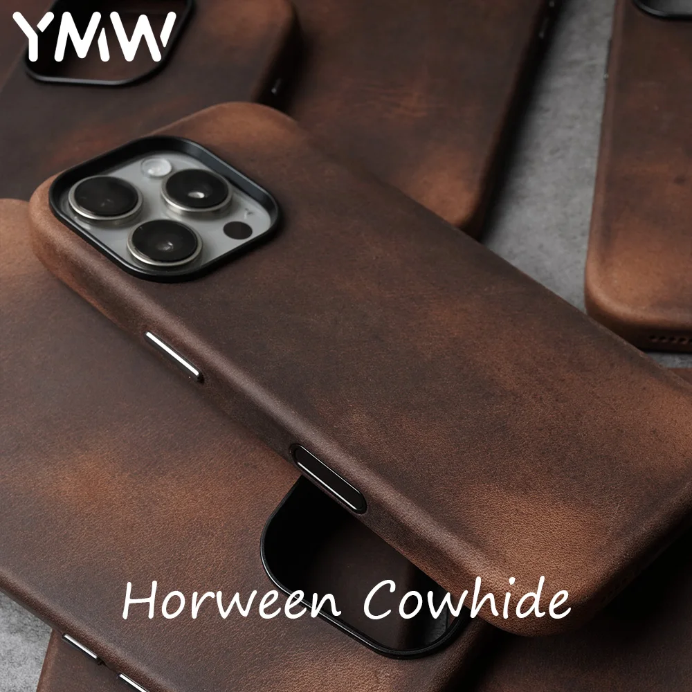 Фото Чехол из натуральной кожи YMW Horween для iPhone 15, 16 Pro Max, роскошный деловой чехол для телефона из воловьей кожи №1