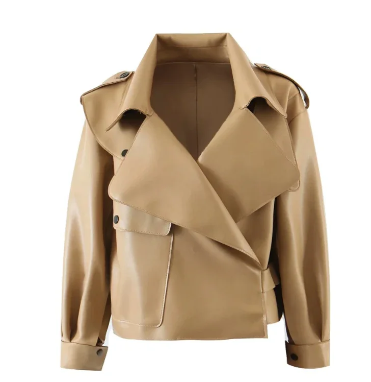 

Black Short Loose Pu Leather Jacket Autumn Winter Soft Faux Leather Jacket Street Casual Outwear Ladies Biker Jacket