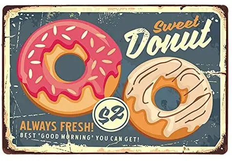 

Оловянные знаки Sweet Donut-Always Fresh Food, винтажный металлический жестяной знак-Настенный декор для баров, ресторанов, кафе, пабов, 12x8 дюймов