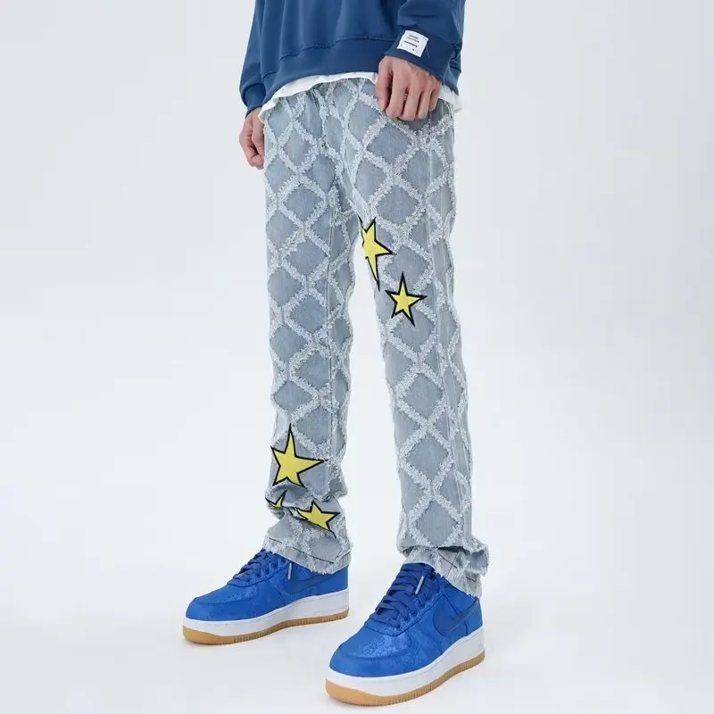 Джинсы мужские уличная мода тонкие весенне-осенние в клетку со звездами