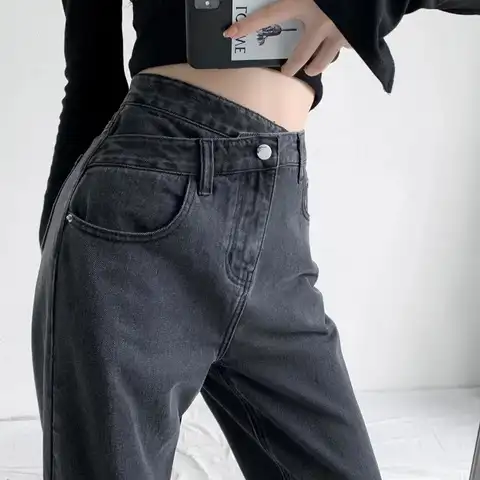 Sexy Cross High Wasit Women Jeans Spring 2023 Washed Casual Loose Wide Leg Pants Woman Solid Blue Simple Student Denim Trousers