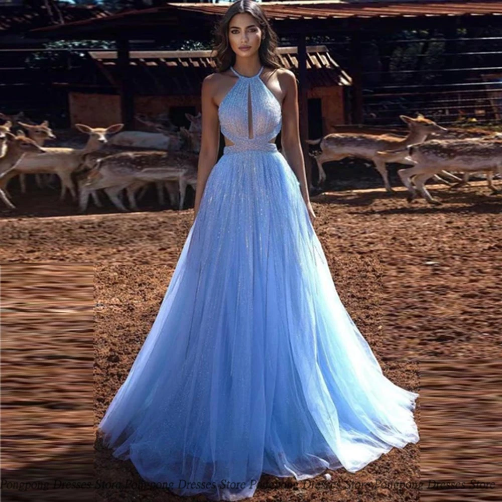 

High Quality A Line Evening Dresses Draped Halter Open Back Print Floor length Party Glitter Women Dress Vestidos De Fies