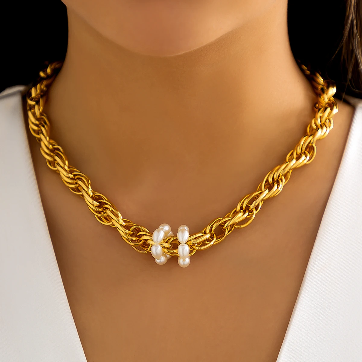 

IngeSight.Z Exaggerated Imitation Pearl Chunky Thick Choker Necklaces for Women Punk Heavy Metal Twisted Collier Jewelry Gift