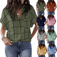 2022 spring and summer new womens clothing european and american plaid print pocket v neck short sleeved shirt