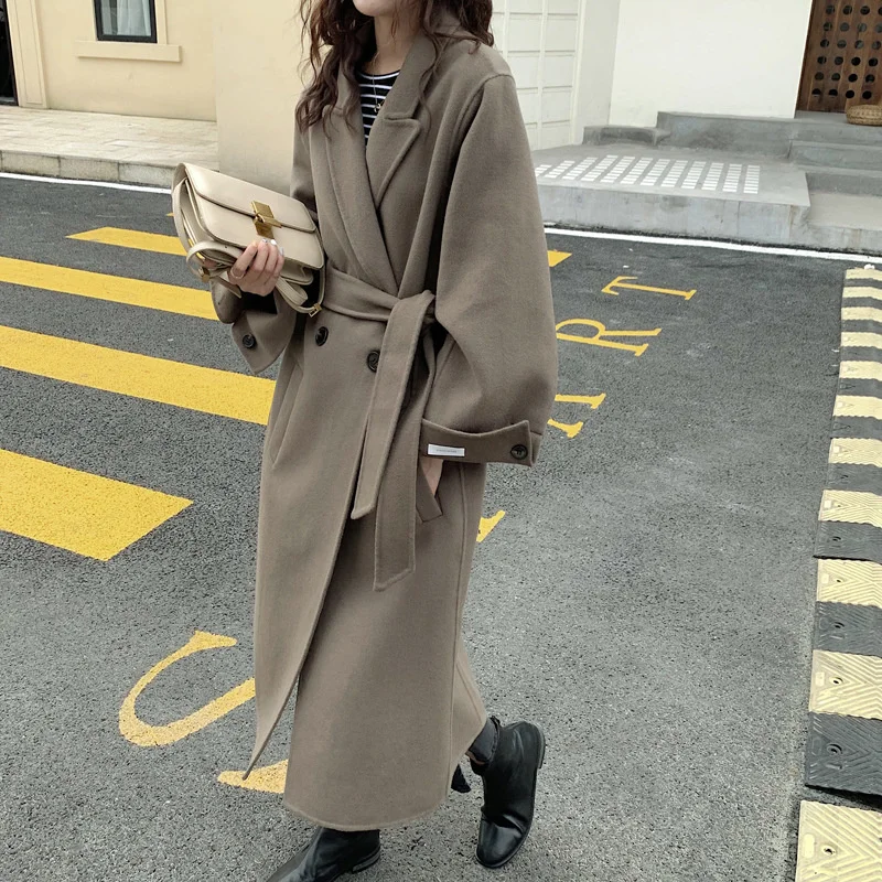 

Осень 2022, Женское шерстяное пальто с отложным воротником, двубортное женское кашемировое пальто с поясом, Casaco Feminino