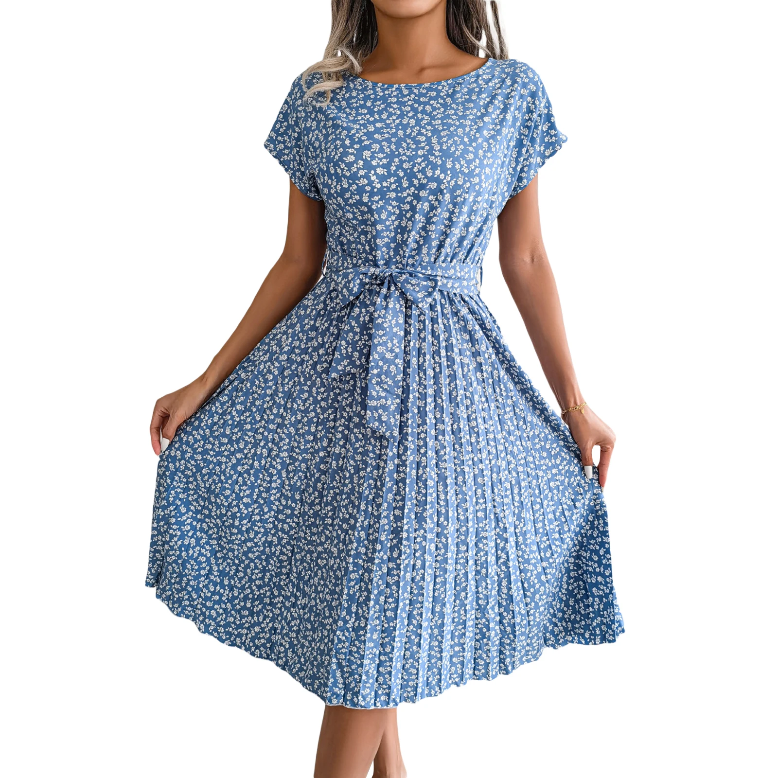 

Summer Women Short Sleeve Casual Midi Dress Fashion Floral Print Pleated A-line Dress