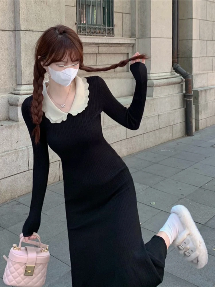 

Knit Women's Dress Doll Collar Elegant Long Sleeve Buttun Slim Female Dresses 2023 Autumn Winter Fashion Ruffle Midi Lady Robe